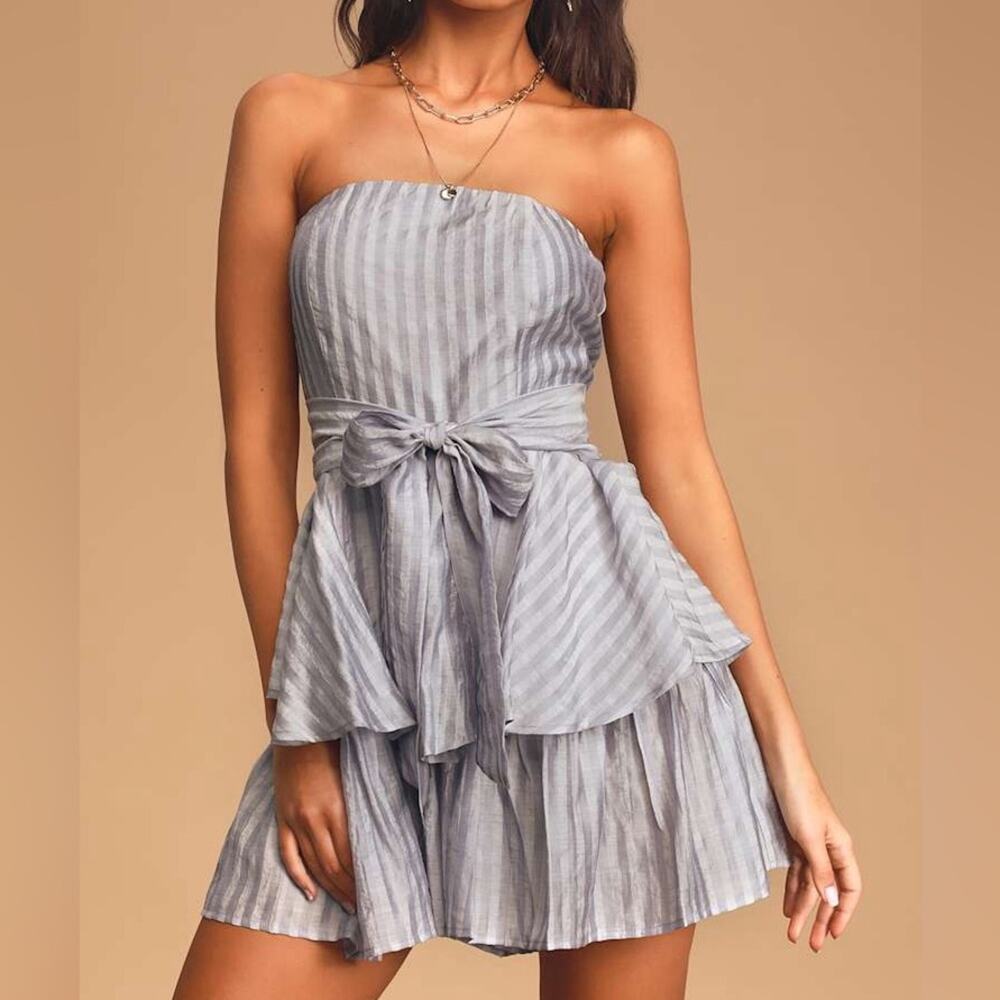 Lulus Tier and Now Dusty Blue Striped Strapless Ruffled Romper Size Small